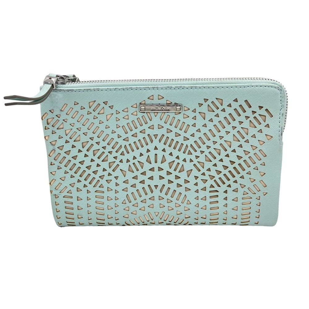 Stella & Dot Double Clutch Eyelet Cut Out Turquoise Purse Wallet New No Tag Flaw